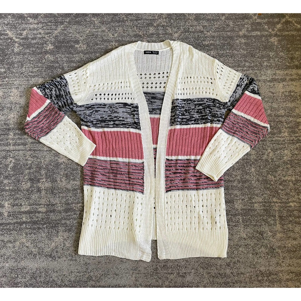 Shein Womens M Cardigan Striped Multicolored Knit Pink New P1